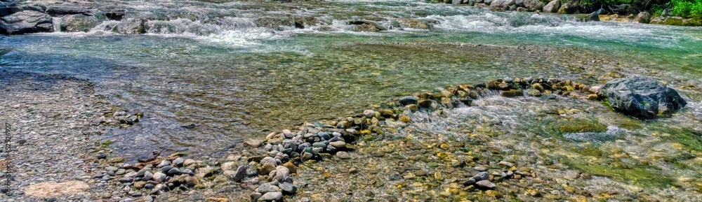 At the creek with crystal clear water on a hot summer day