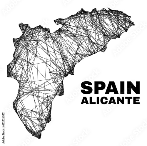 Wire frame irregular mesh Alicante Province map. Abstract lines form Alicante Province map. Wire carcass 2D net in vector format.