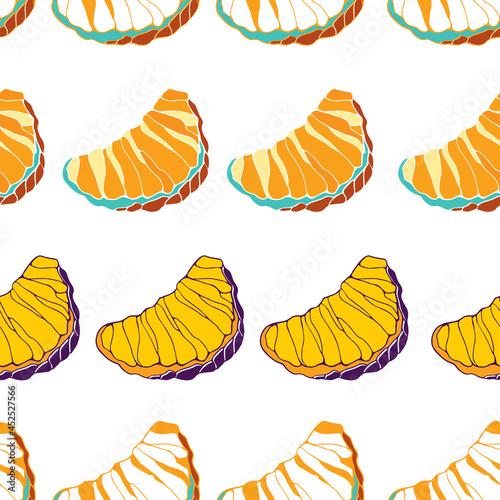 Seamless pattern with slice of mandarin. Vector hand drawn illustration.Design for cosmetics, spa, health care products and perfume. Best for textile, wrapping paper, post cards and farmers market.