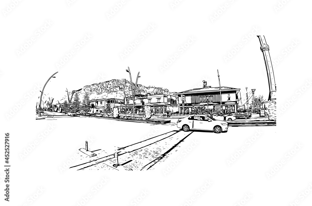 Building view with landmark of Kemer is the 
city in Turkey. Hand drawn sketch illustration in vector.