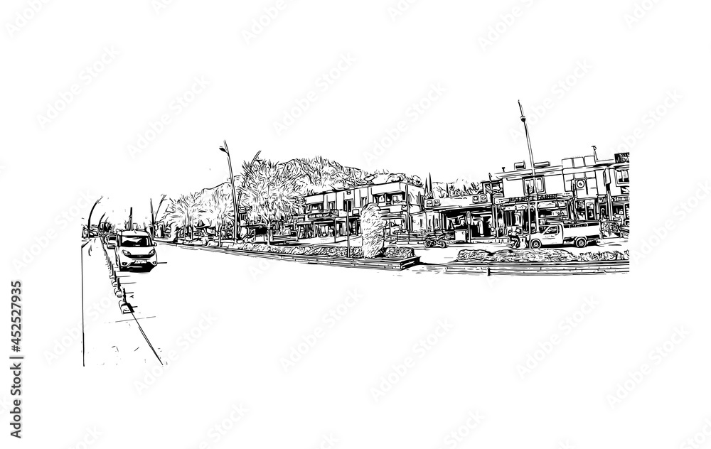 Building view with landmark of Kemer is the
city in Turkey. Hand drawn sketch illustration in vector. Building view with landmark of Kemer is the
city in Turkey. Hand drawn sketch illustration in vector.