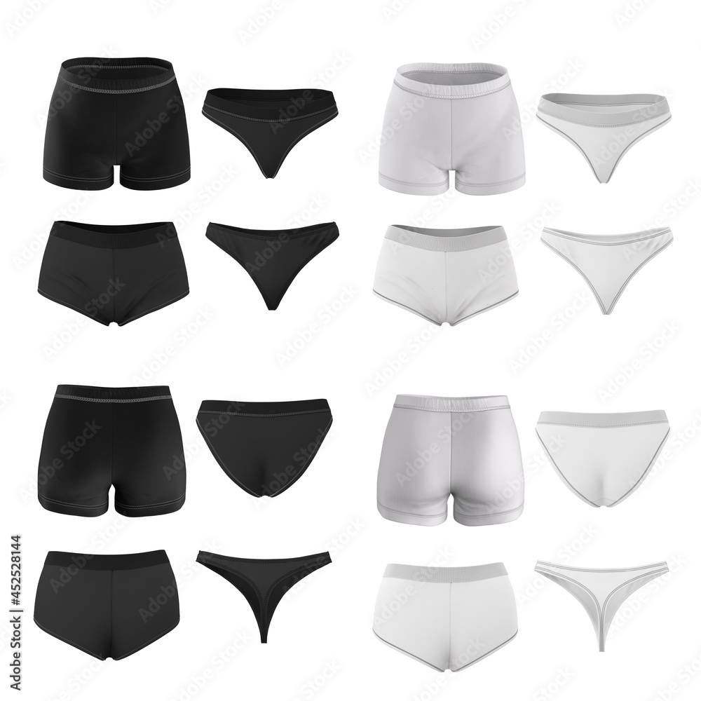Set of different types of women's panties. Black and white underwear