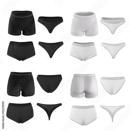 Set of different types of women's panties. Black and white underwear front and back view. 3d rendering mockup isolated on white background. Bikini, tanga, shorts, briefs.