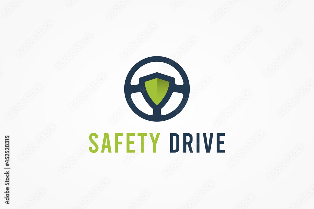 Fototapeta premium Safety Drive Logo. Blue Circle Steering Wheel with Green Shield Icon inside isolated on White Background. Flat Vector Logo Design Template Element for Secure Driving Logos.