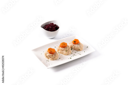 Traditional Jewish gefilte fish isolated on white background