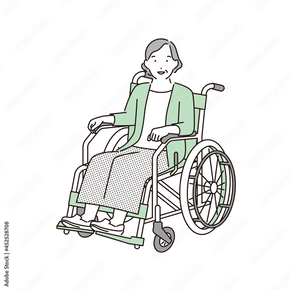 シンプル　イラスト　車椅子に座るおばあちゃん