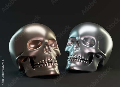 Golden and silver human skulls on black background. Design element for Halloween greeting card template. 3d render