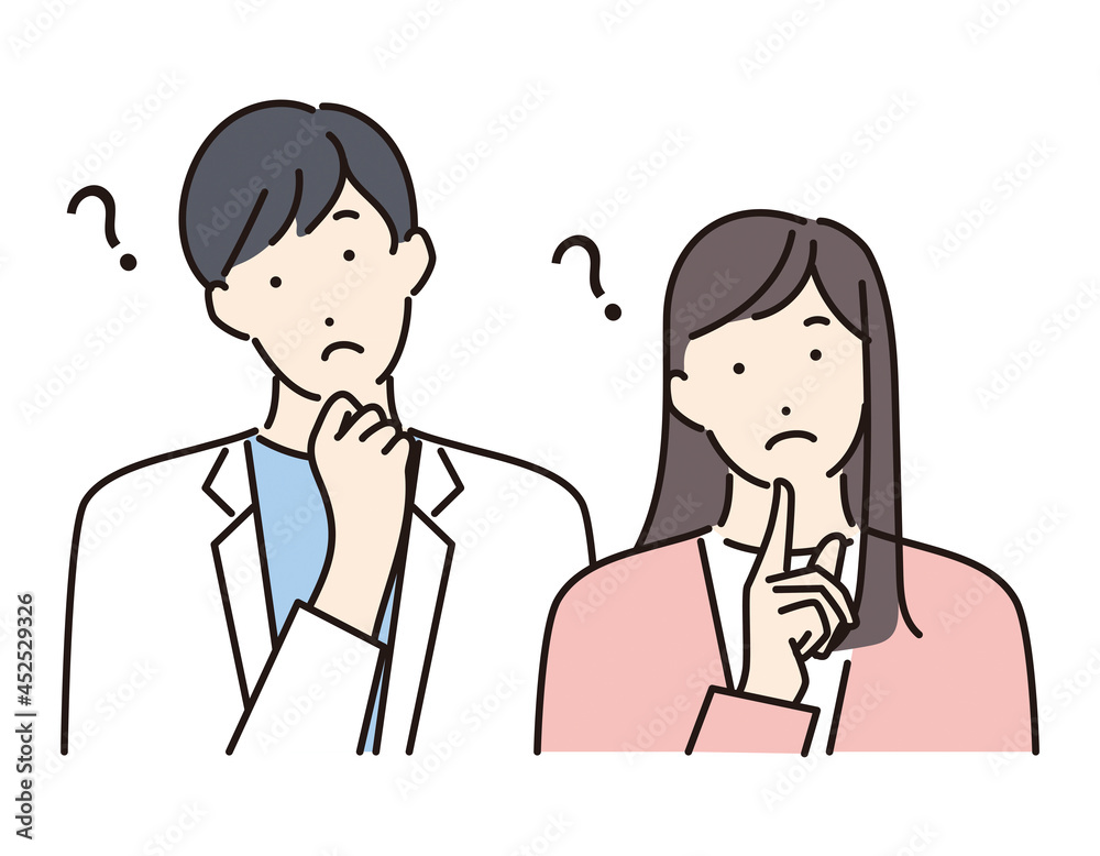 シンプル イラスト ハテナマークを浮かべる若いカップル シンプル イラスト ハテナマークを浮かべる若いカップル