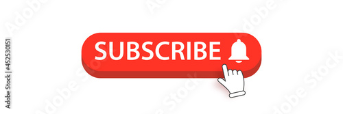 Flat subscribe button with ring bell isolated on white background. Subscribe banner design template with red flat Subscribe video or channel button and hand.