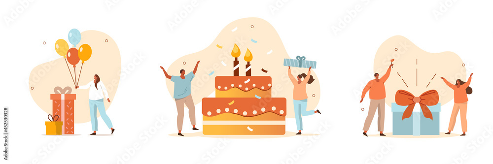 People celebrating birthday party. Characters standing near birthday