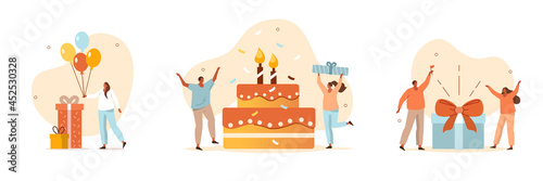 People celebrating birthday party. Characters standing near birthday cake, gifts and holding balloons. Happy birthday concept. Flat cartoon vector illustration and icon set.