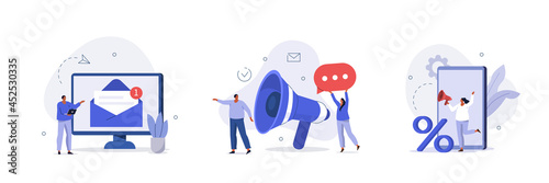 Social media promotion scenes. Characters using big loudspeaker to communicate with audience, sending advertising emails, offering sale and discount. Flat cartoon vector illustration and icons set. photo