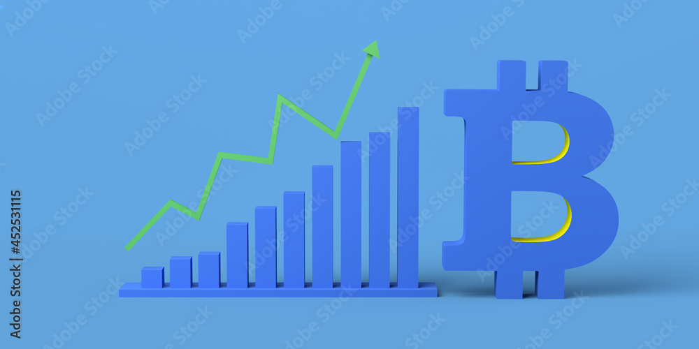 Bar chart with upward pointing arrow and bitcoin symbol. Concept of monetary growth in cryptocurrencies. 3D illustration. Copy space.