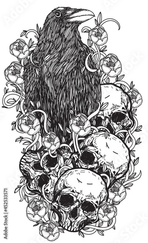 Tattoo art crow on a skull flower hand drawing and sketch