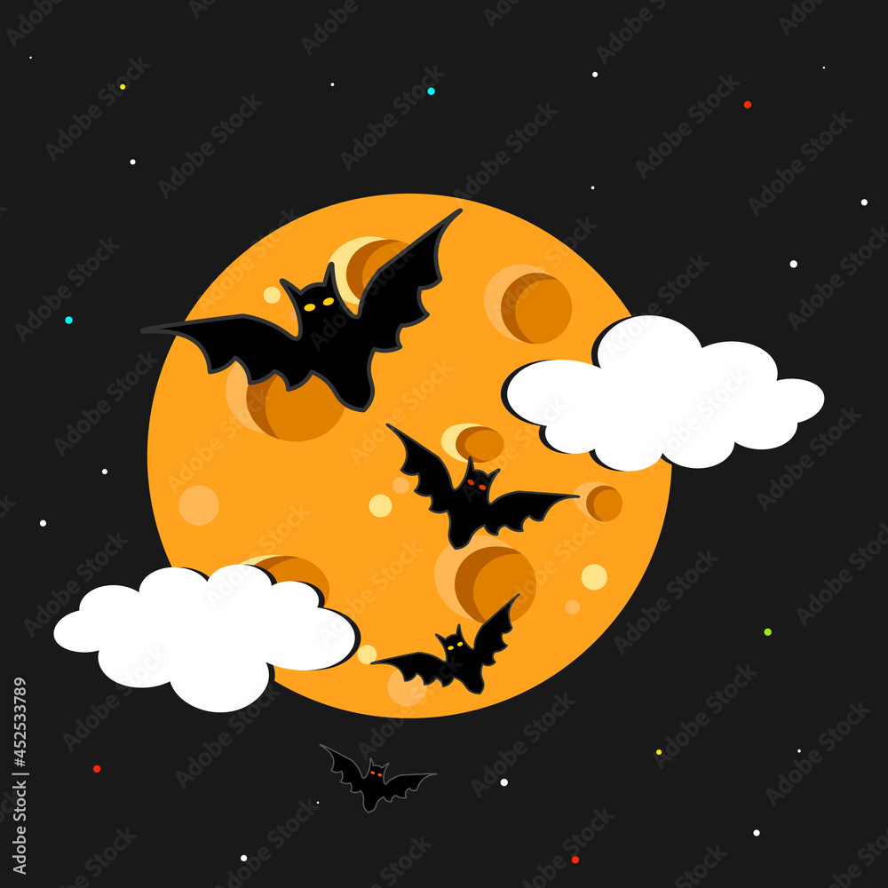 Halloween concept with bat and moon on black background. Vector hand drawn cartoon kawaii character illustration