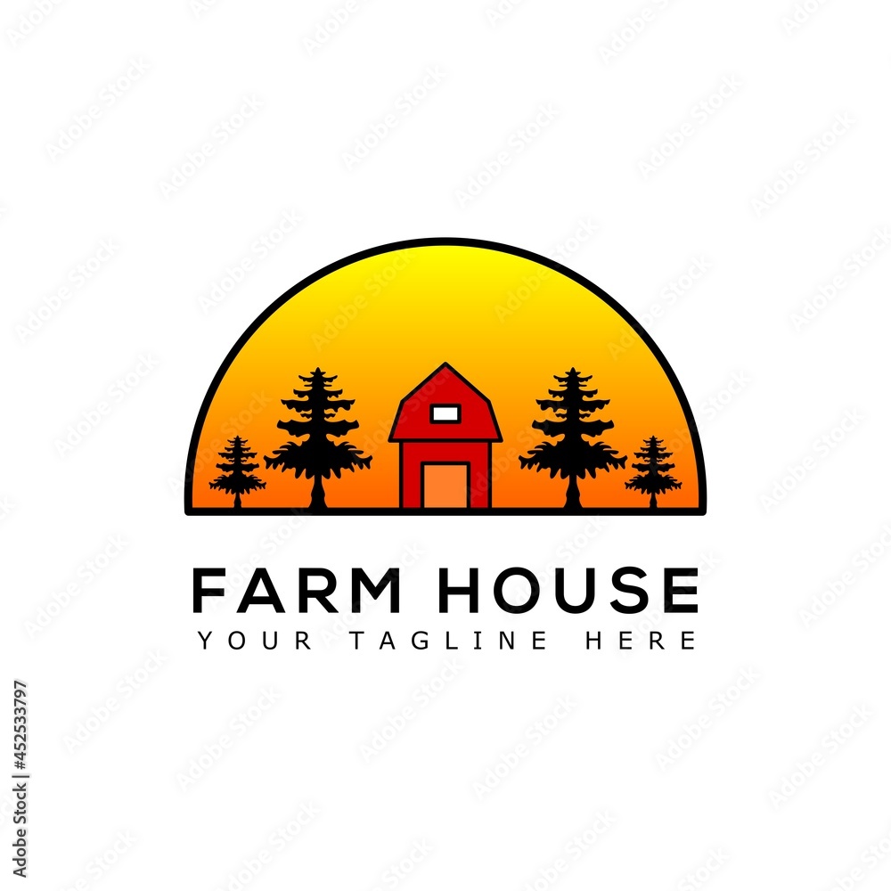 farmhouse vector logo. field logo with house and tree elements in the morning farmhouse vector logo. field logo with house and tree elements in the morning