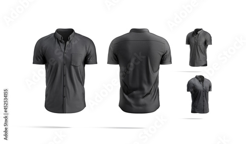 Blank black short sleeve button down shirt mockup, different views photo
