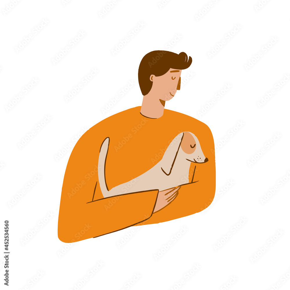A man holds a cute dog in his arms. Isolated portrait of a family of young man and domestic animal. Friendship concept. Vector illustration in a flat style