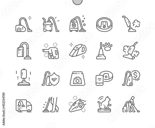 Vacuum cleaner. Cleaning service. Man vacuuming. House cleaner. Robotic vacuum. Pixel Perfect Vector Thin Line Icons. Simple Minimal Pictogram