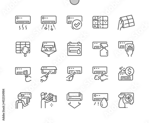 Air conditioning cleaning. Before and after. Price. Detergent. Cleaning service. Pixel Perfect Vector Thin Line Icons. Simple Minimal Pictogram