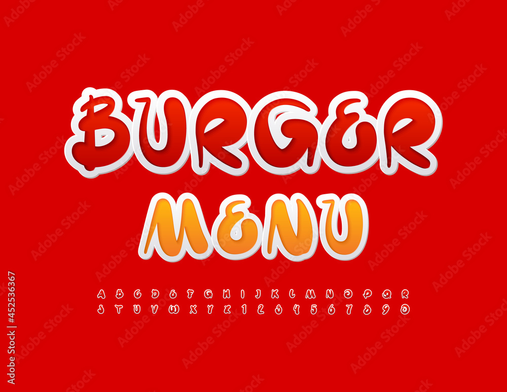 Vector template Burger Menu for Cafe and Restaurant. Handwritten bright Font. Artistic Alphabet Letters and Numbers set Vector template Burger Menu for Cafe and Restaurant. Handwritten bright Font. Artistic Alphabet Letters and Numbers set