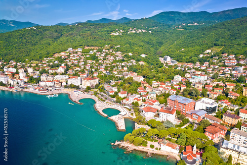 Town of Opatija and Slatina beach aerial panoramic view