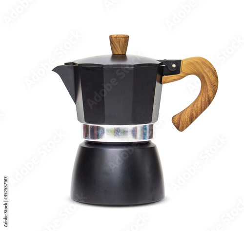 Moka pot coffee pot metal black italian espresso maker isolated on white background. Moka coffee old making coffee.