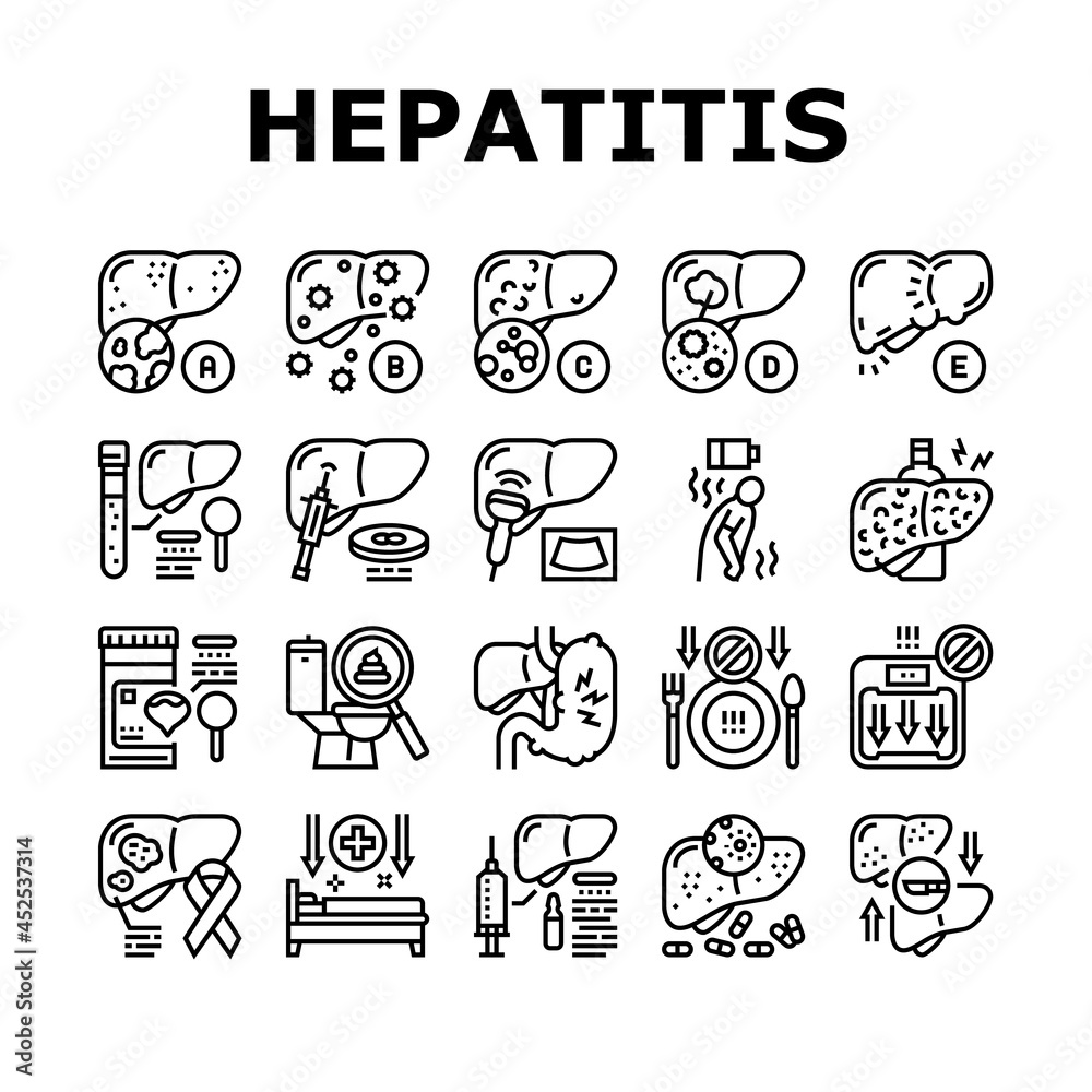 Hepatitis Liver Health Problem Icons Set Vector. Cirrhosis And