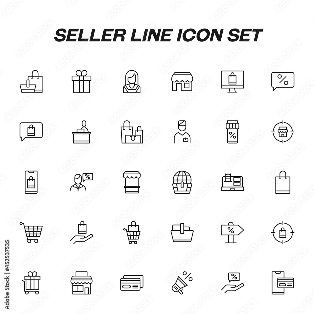 Seller line icon set including icons of shops and credit cards Seller line icon set including icons of shops and credit cards