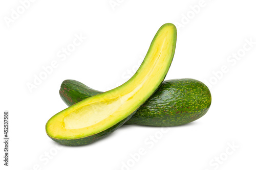Slice half avocado green fresh. Vitamin fortified fruit Isolated on white background. Health food concept