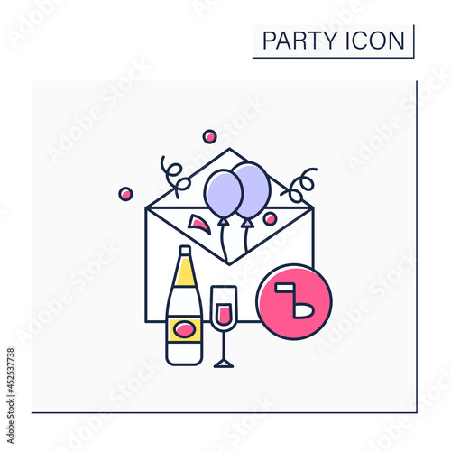Invitation card color icon. Card for guests invites friends to special event. Postcard invitation on party.Celebrating concept. Isolated vector illustration
