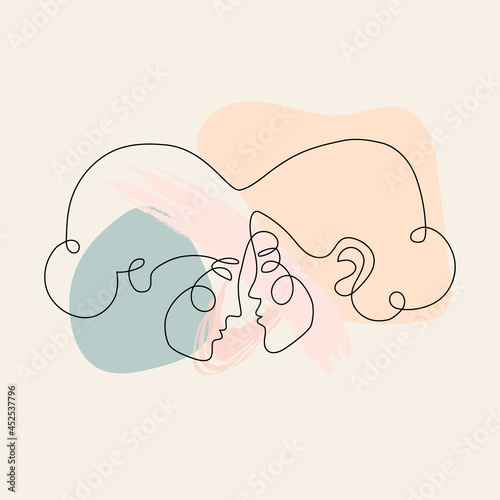 Two woman faces abstract one continuous line portrait. Modern minimalist style illustration for posters, t-shirts prints, avatars, pstcard and brochure. Lovers kiss, romantic relationship concept photo