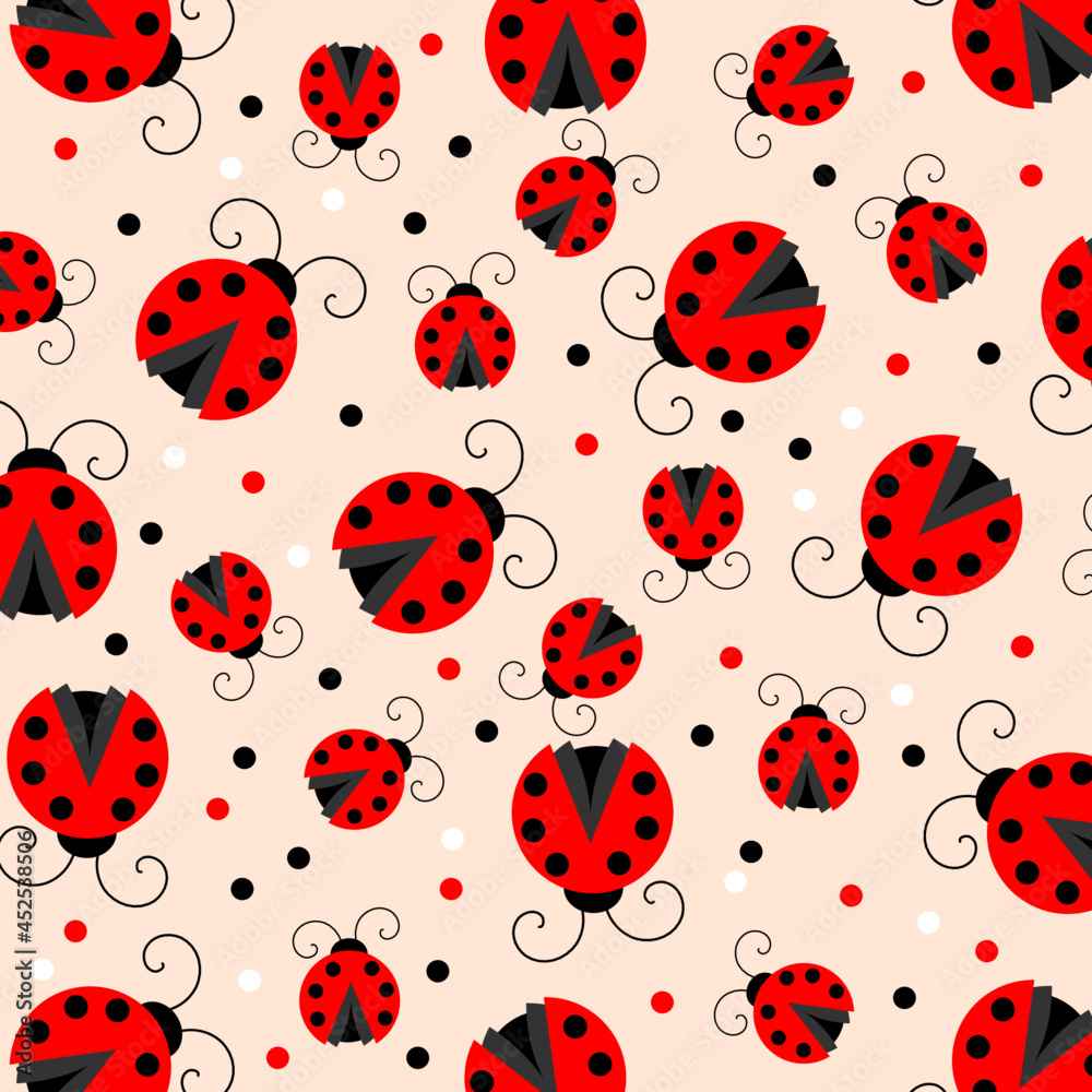 Fototapeta premium Vector red ladybug Seamless Pattern Background. Summer textile print design