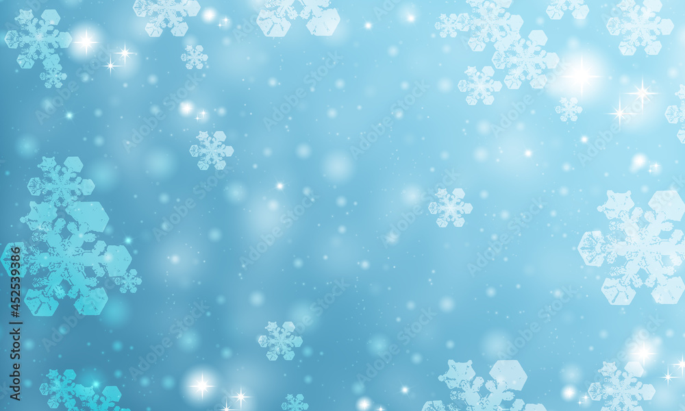Abstract blue snowflakes background with lights.