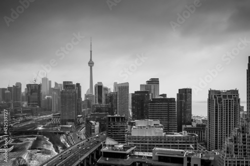 View of Toronto city with clear sky from above in black and white