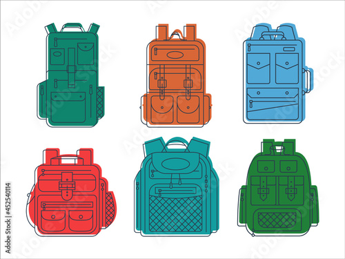 Education and study backpack in set for students and traveling icon. Rucksack or schoolbag with pockets and zipper element. Set tourism bag. Flat line art illustration isolated on white background
