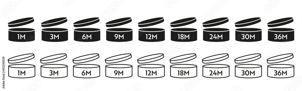 PAO vector dark and light icon set. Period after opening symbols. Can with open cap with expiration period in months. PAO vector dark and light icon set. Period after opening symbols. Can with open cap with expiration period in months.