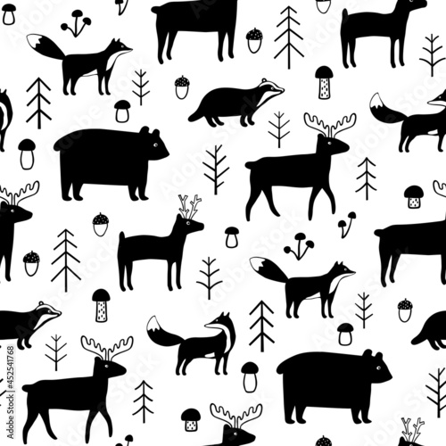 Black and white seamless pattern with forest animals