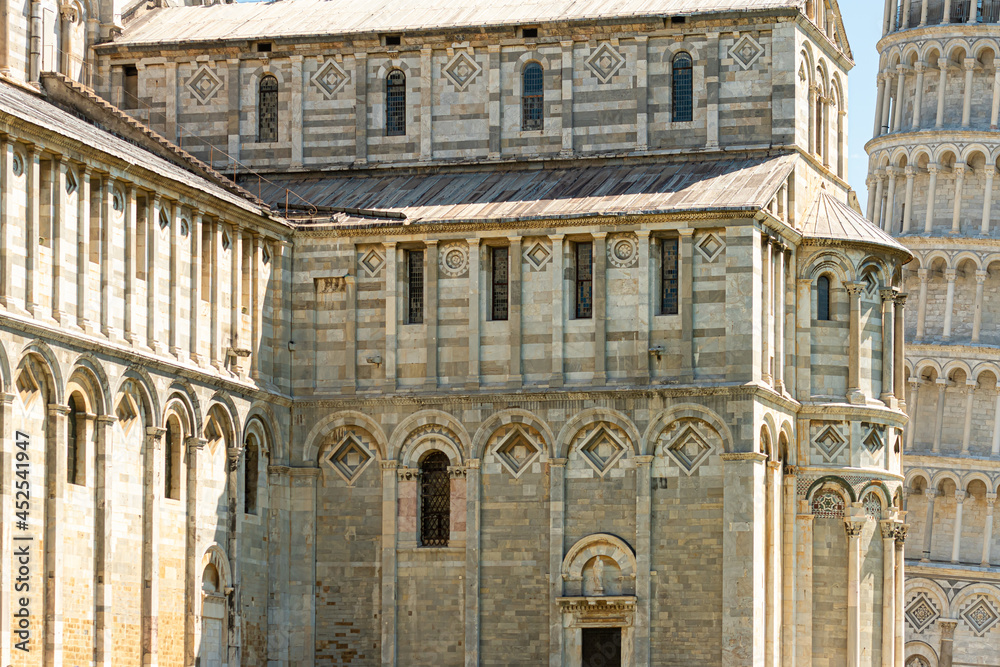 closeup detail of the baptistery in Piazza dei Miracoli, Pisa, Italy
