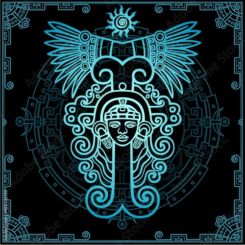 Linear drawing: decorative image of an ancient Indian deity. Mystical circle. Sun symbol, decorative frame. Vector illustration. Print, posters, t-shirt, textiles.