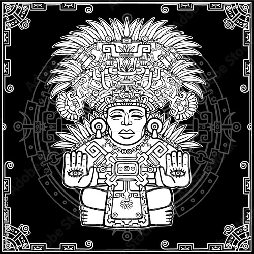 Stylized image of an ancient Indian deity. Motives of art Native American Indian. Vector illustration  white drawing on a black background  a decorative frame  a mandala. Print  posters  t-shirt.