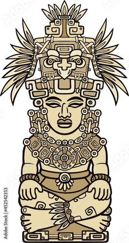 Linear drawing: decorative image of an ancient Indian deity. Motives of art Native American Indian. Ethnic design, tribal symbol. Vector illustration isolated on a white background.