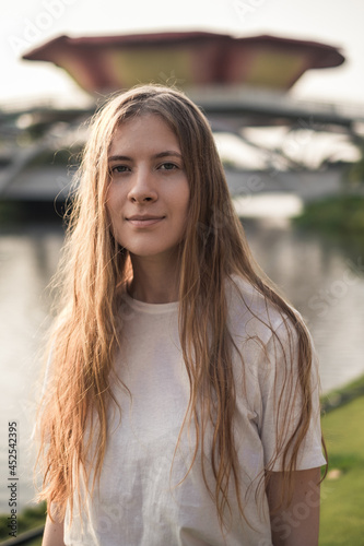 Close-up portrait of attractive caucasian woman with cute smile. Beauty Girl without Makeup smiling. Woman without Cosmetic on Face. 