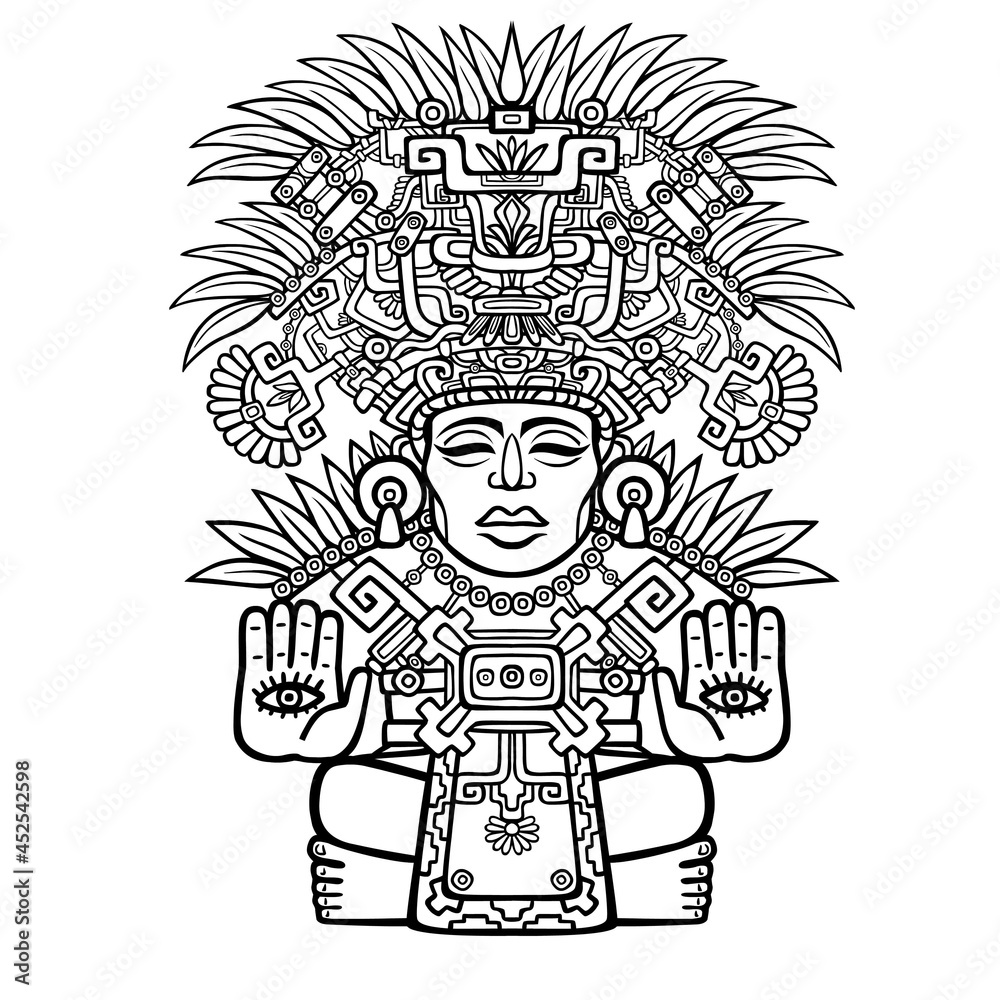 Linear drawing: decorative image of an Indian deity. Motives of art of Indians Maya. The isolated black silhouette on a white background. Vector illustration, be used for coloring book. Linear drawing: decorative image of an Indian deity. Motives of art of Indians Maya. The isolated black silhouette on a white background. Vector illustration, be used for coloring book.