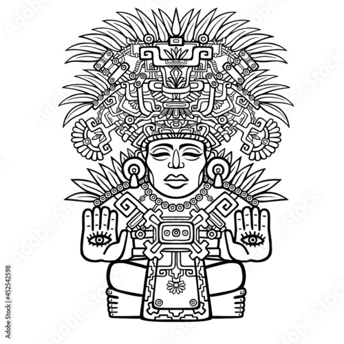 Linear drawing: decorative image of an Indian deity. Motives of art of Indians Maya. The isolated black silhouette on a white background. Vector illustration, be used for coloring book.