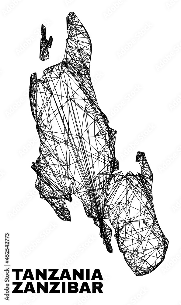 Wire frame irregular mesh Zanzibar Island map. Abstract lines are combined into Zanzibar Island map. Wire carcass flat net in vector format.