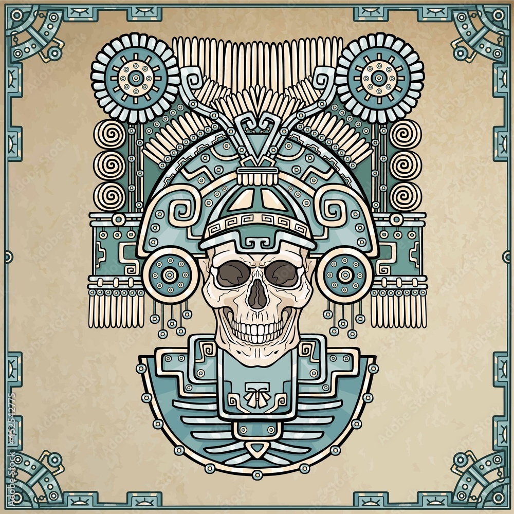 Stylized skull. Pagan god of death. Motives of art Native American Indian.  Vector color illustration, background - imitation of old paper. Ethnic  design, boho chic. Print, posters, t-shirt, textiles. Stock Vector |
