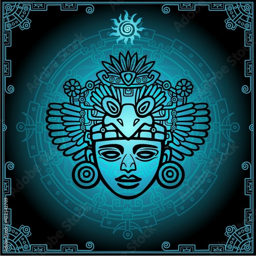 Linear drawing: decorative image of an ancient Indian deity. Magic circle.  Vector illustration.