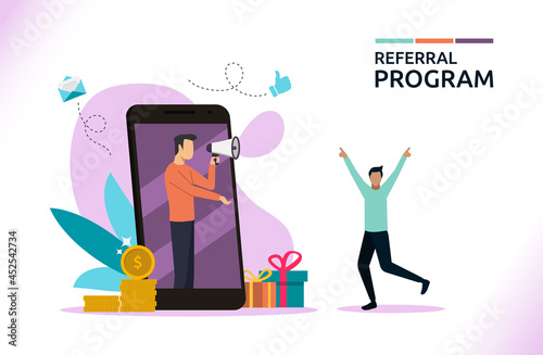 Referral program concept, affiliate partnership, network marketing vector illustration.