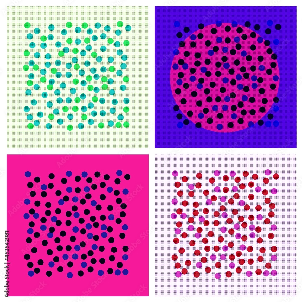Fototapeta premium set of four pink, red, blue and green multicolored polka dot patterns in squares